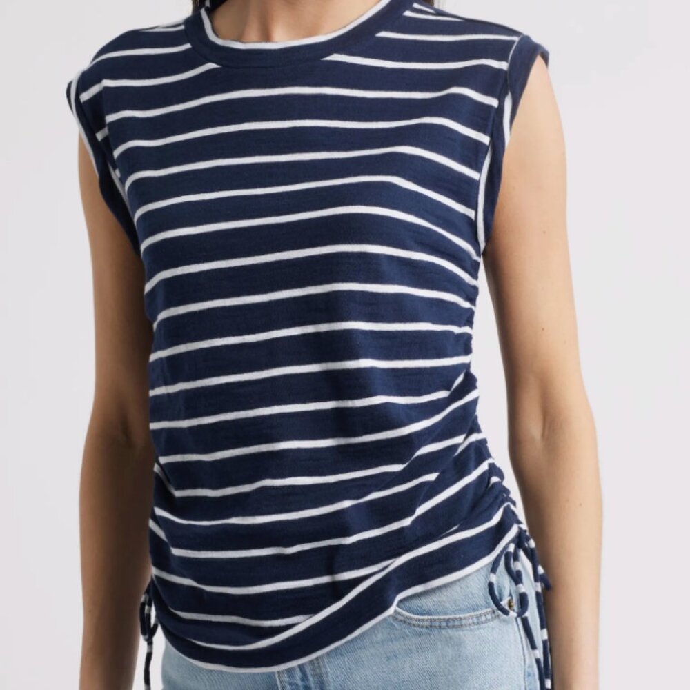 Caslon Ruched Side Tie Tank in Navy Blazer and White Jana Stripe